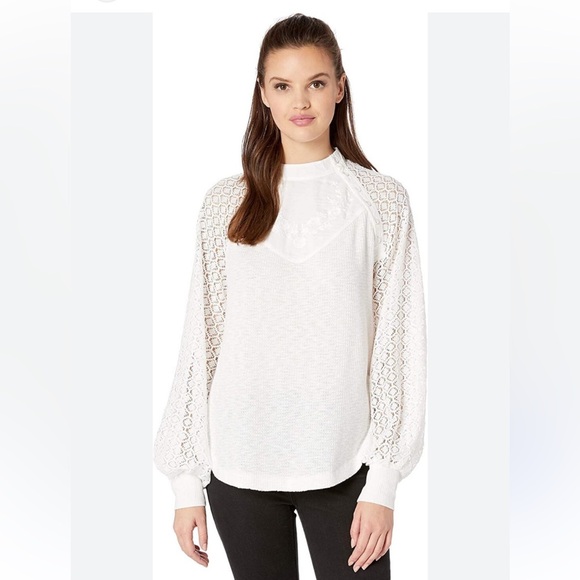 Free People Sweetest Thing White Embroidered Lace shirt Cottagecore romantic M - Picture 2 of 11